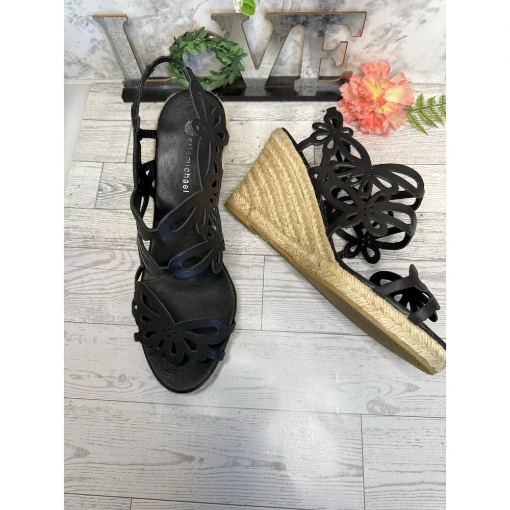 Eric Michael Jillian‎ Black Floral Leather Upper Rope Wedge Heels 9/9.5 EU40 EUC